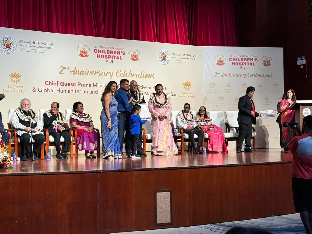 Divine Seva representatives on stage at the second anniversary celebration of Children’s Hospital Fiji