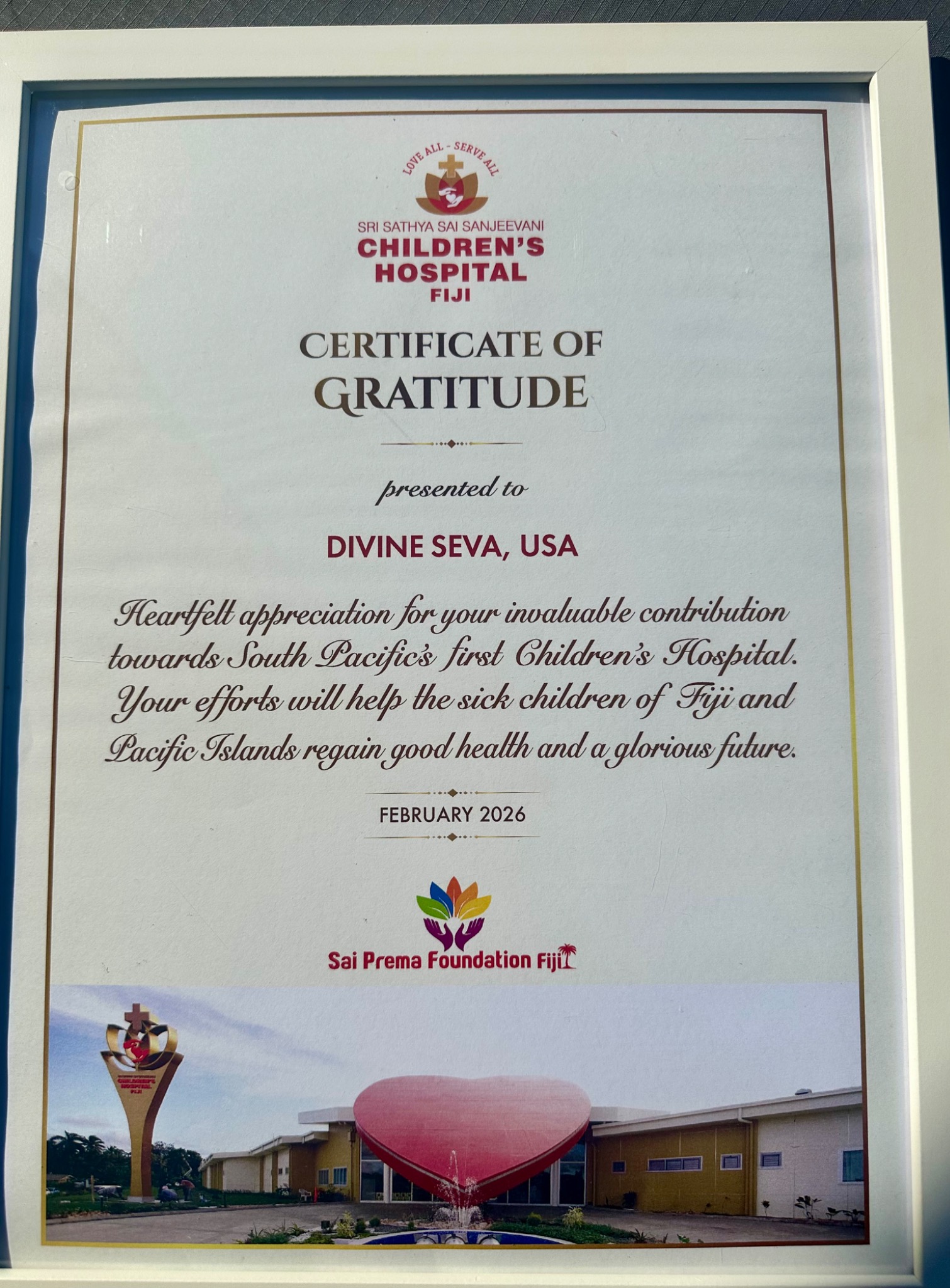 Certificate of Gratitude presented to Divine Seva USA by Sri Sathya Sai Sanjeevani Children’s Hospital Fiji