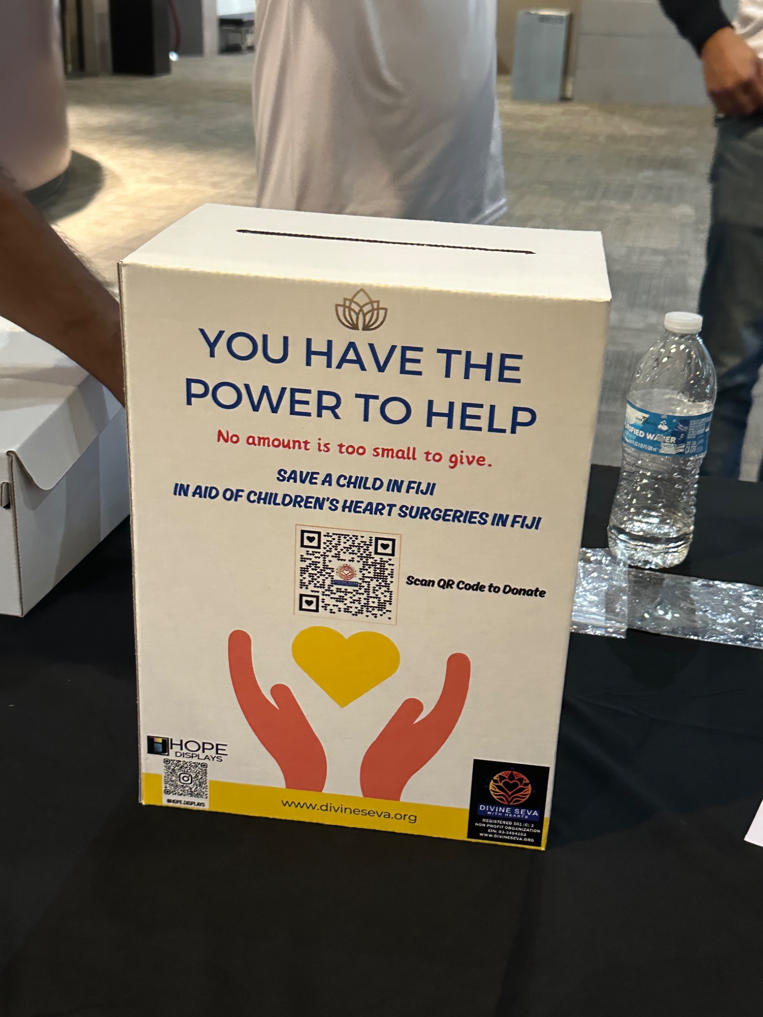 Divine Seva donation box inviting support for children’s heart surgeries in Fiji