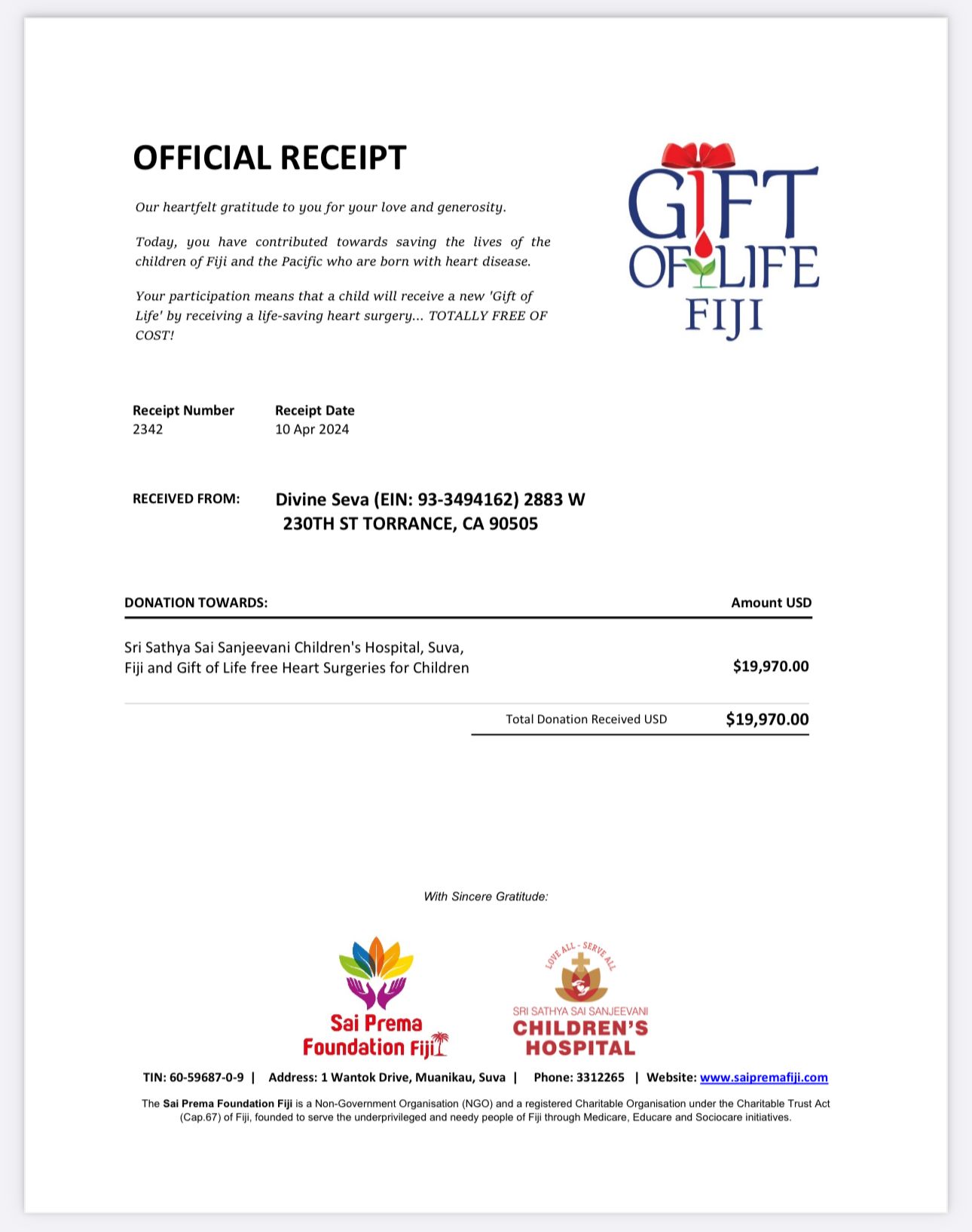 Official Gift of Life Fiji receipt for Divine Seva support of free heart surgeries for children
